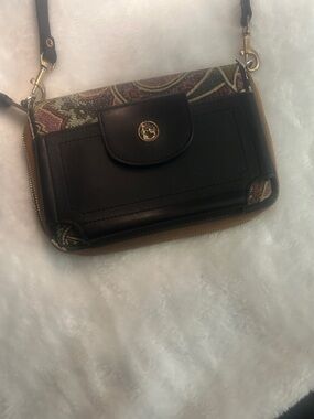 Spartina 449 Black and Tan Paisley-Print Leather Crossbody with Gold Hardware